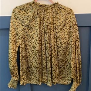 Olive and black satiny-blouse with high neck